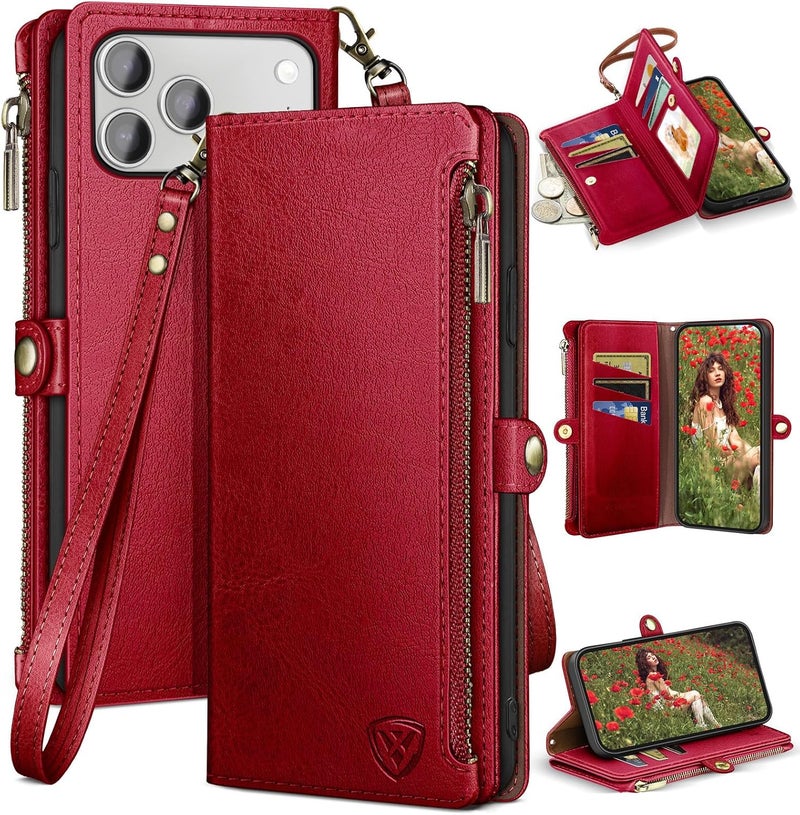 XcaseBar compatible with iPhone 17 Pro Max 6.9" Wallet case with Zipper Credit Card Holder【RFID Blocking】,Flip Folio Book PU Leather Phone case Shockproof Cover Women Men for Apple 17 Pro Max case Red - Image 1